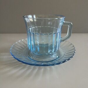 Vintage 1980s Fortecrisa Mexico Ice Azure Blue Glass Coffee Tea Cup & Saucer 8oz